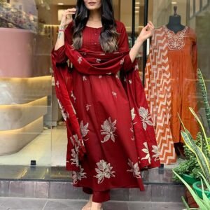 GoSriKi Women's Rayon Viscose Anarkali Printed Kurta with Pant & Dupatta