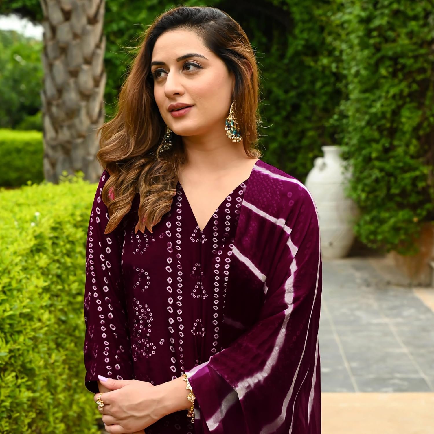 GoSriKi Women's Rayon Blend Straight Bandhej Printed Kurta with Pant & Dupatta - Image 6