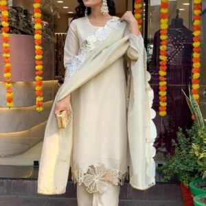 GoSriKi Women's Rayon Viscose Leafs Gold Lace Straight Kurta with Pant & Dupatta