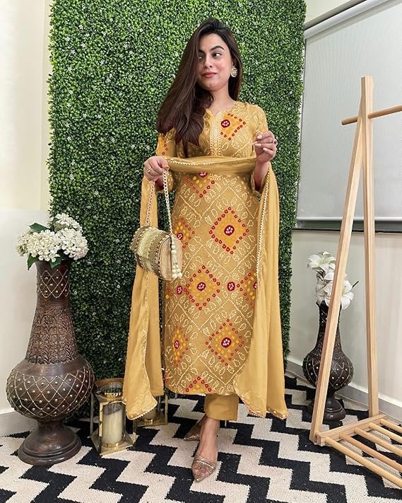 GoSriKi Women's Rayon Viscose Straight Bandhej Printed Kurta with Pant & Dupatta