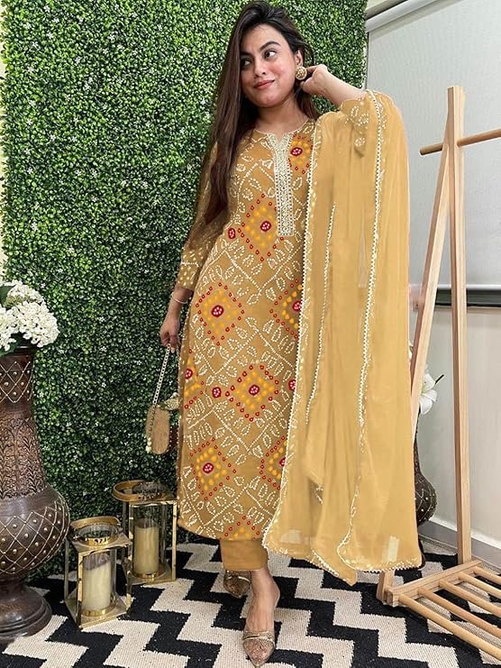 GoSriKi Women's Rayon Viscose Straight Bandhej Printed Kurta with Pant & Dupatta - Image 3