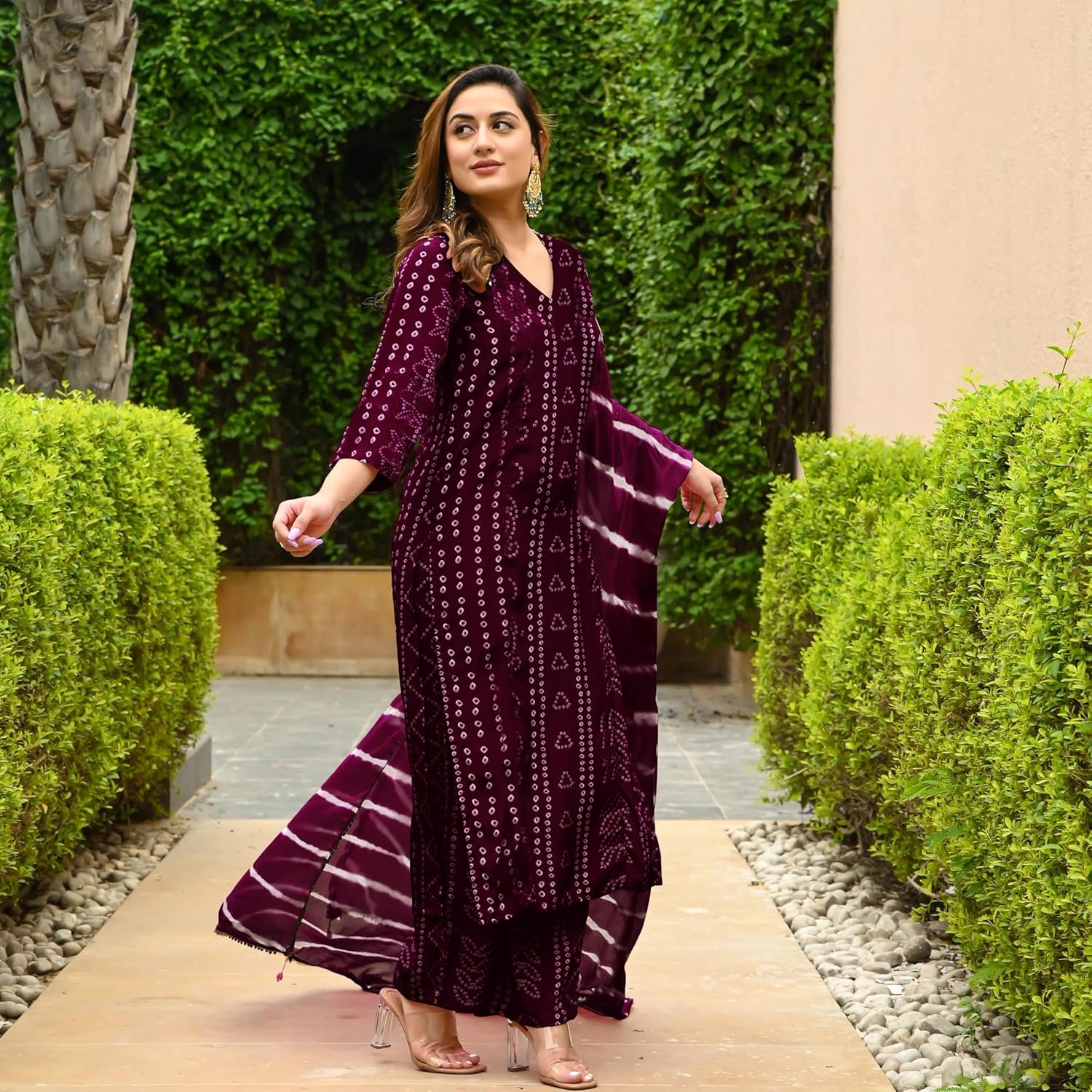 GoSriKi Women's Rayon Blend Straight Bandhej Printed Kurta with Pant & Dupatta - Image 4