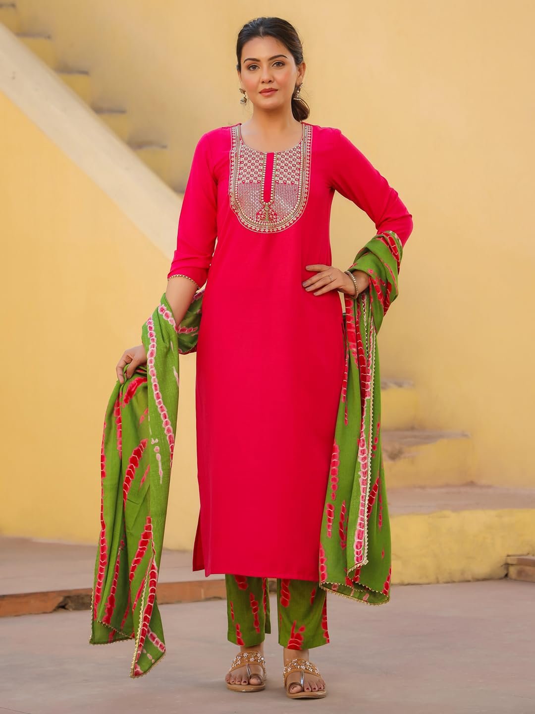 GoSriKi Women's Rayon Blend Embroidered Straight Kurta with Pant & Dupatta - Image 3