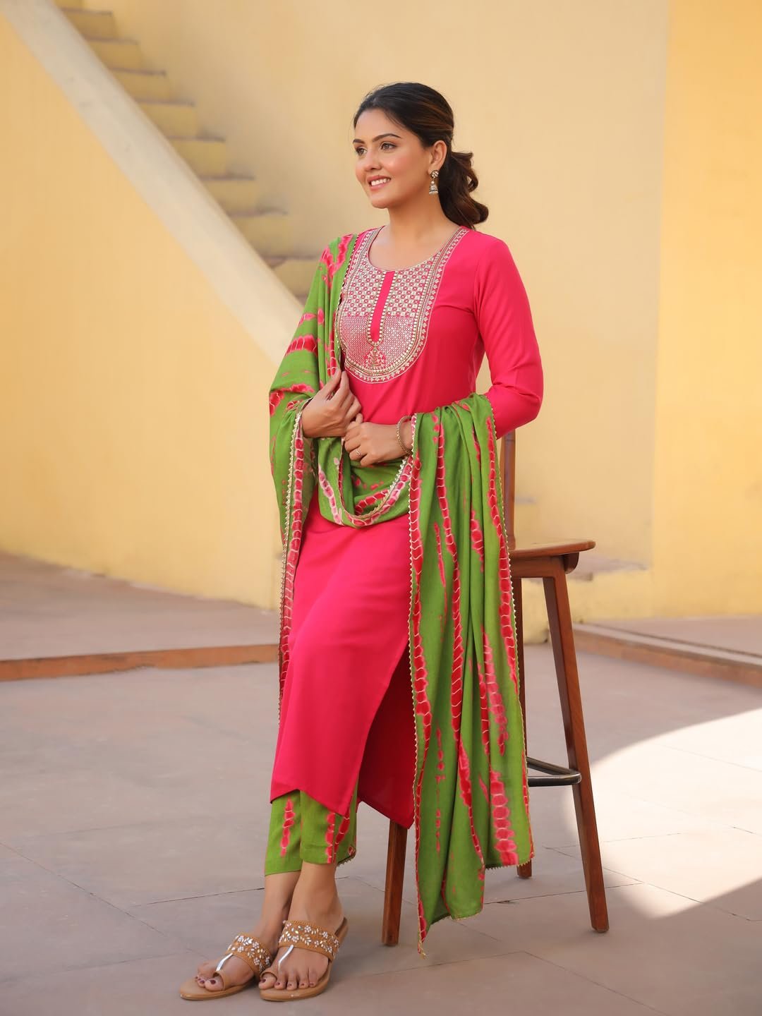 GoSriKi Women's Rayon Blend Embroidered Straight Kurta with Pant & Dupatta