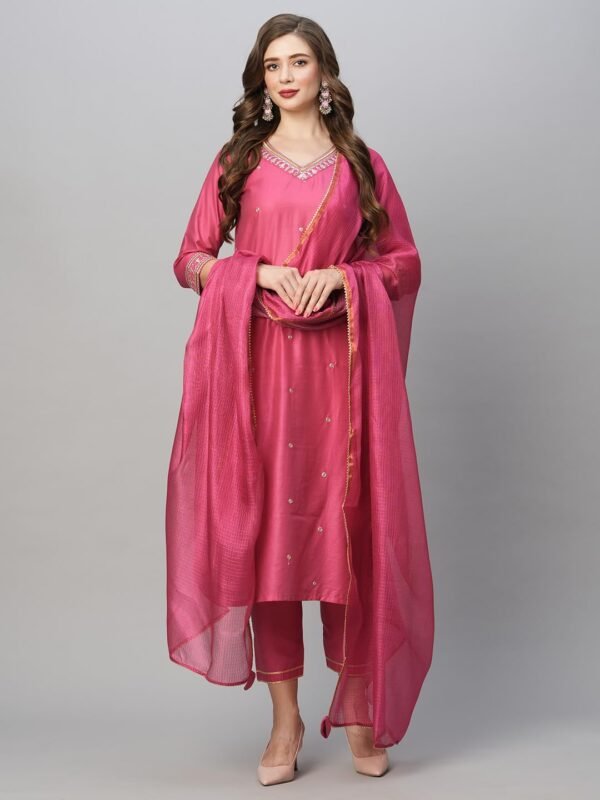 GoSriKi Women's Cotton Blend Floral Straight Kurta with Pant & Dupatta