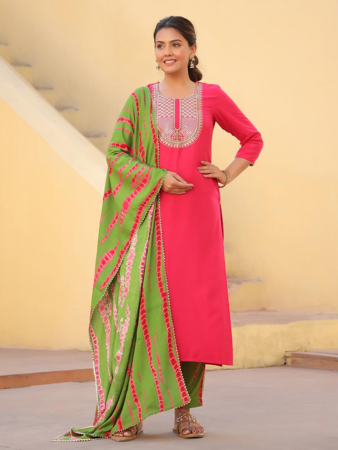 GoSriKi Women's Rayon Blend Embroidered Straight Kurta with Pant & Dupatta - Image 4