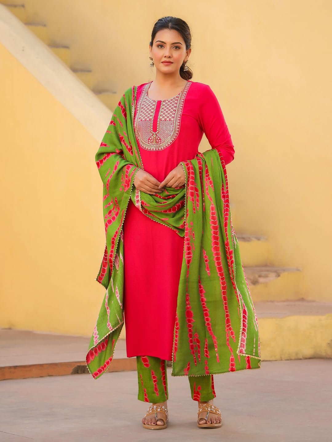 GoSriKi Women's Rayon Blend Embroidered Straight Kurta with Pant & Dupatta - Image 5