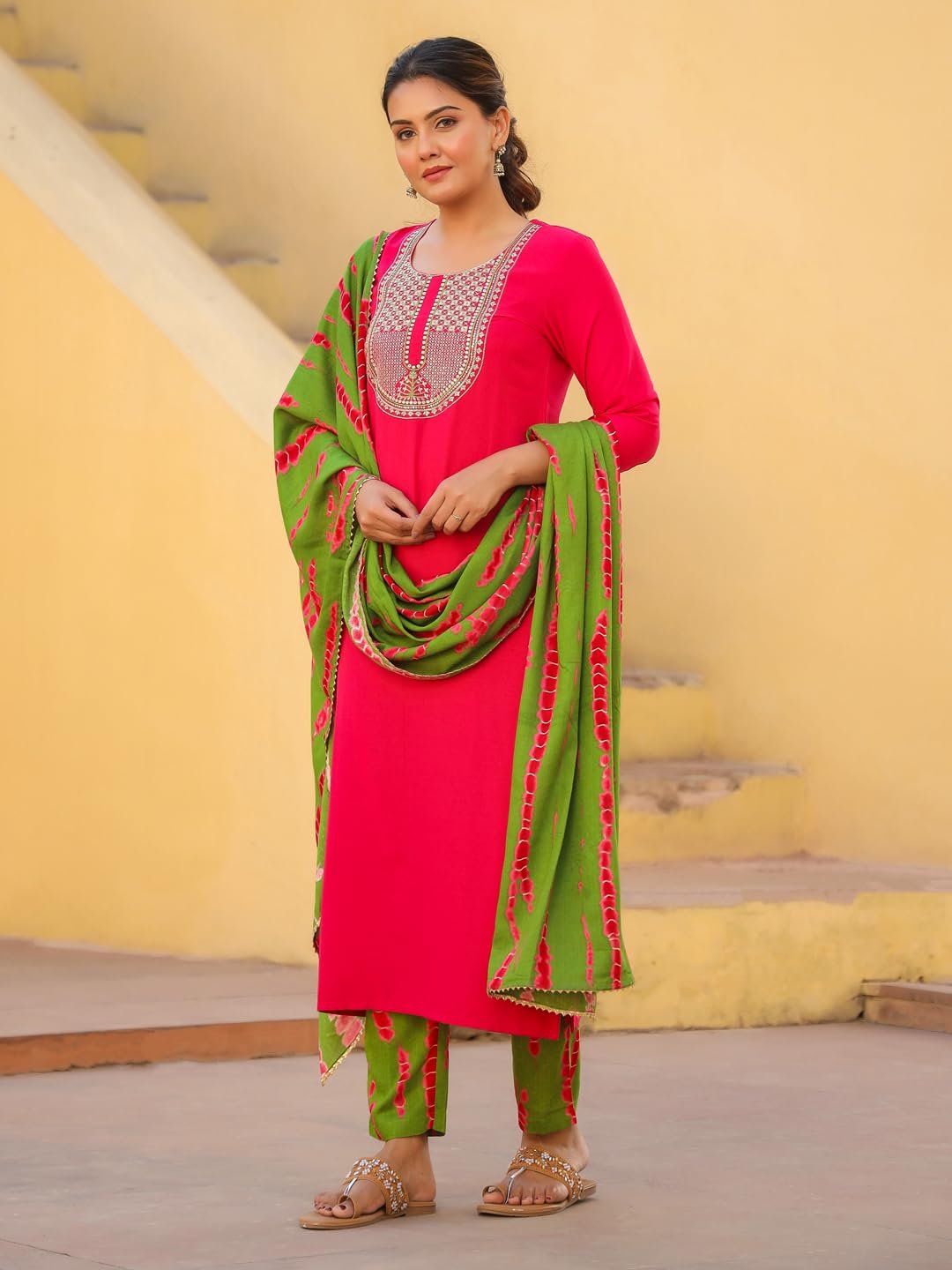 GoSriKi Women's Rayon Blend Embroidered Straight Kurta with Pant & Dupatta - Image 7