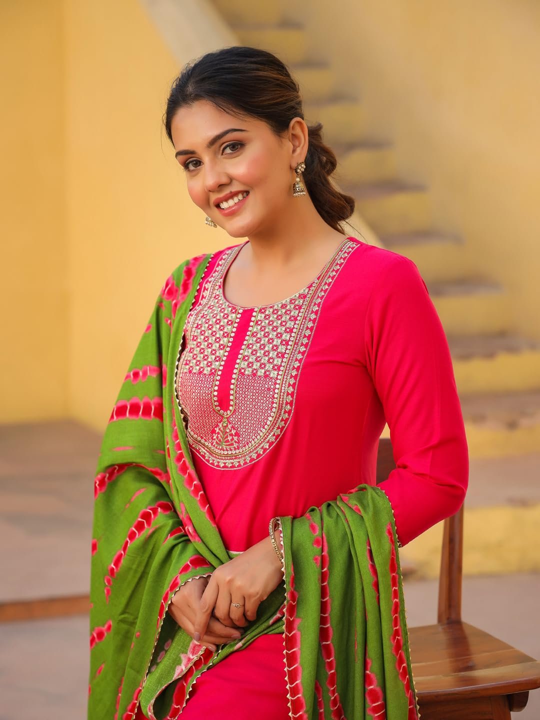 GoSriKi Women's Rayon Blend Embroidered Straight Kurta with Pant & Dupatta - Image 8