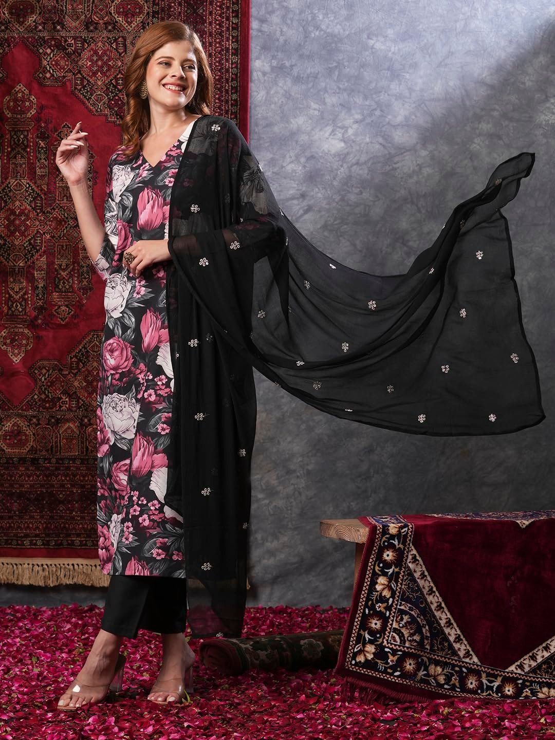 GoSriKi Women's Rayon Blend Straight Printed Kurta with Pant & Dupatta - Image 7