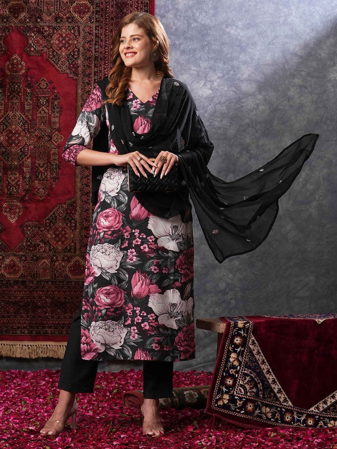 GoSriKi Women's Rayon Blend Straight Printed Kurta with Pant & Dupatta - Image 3