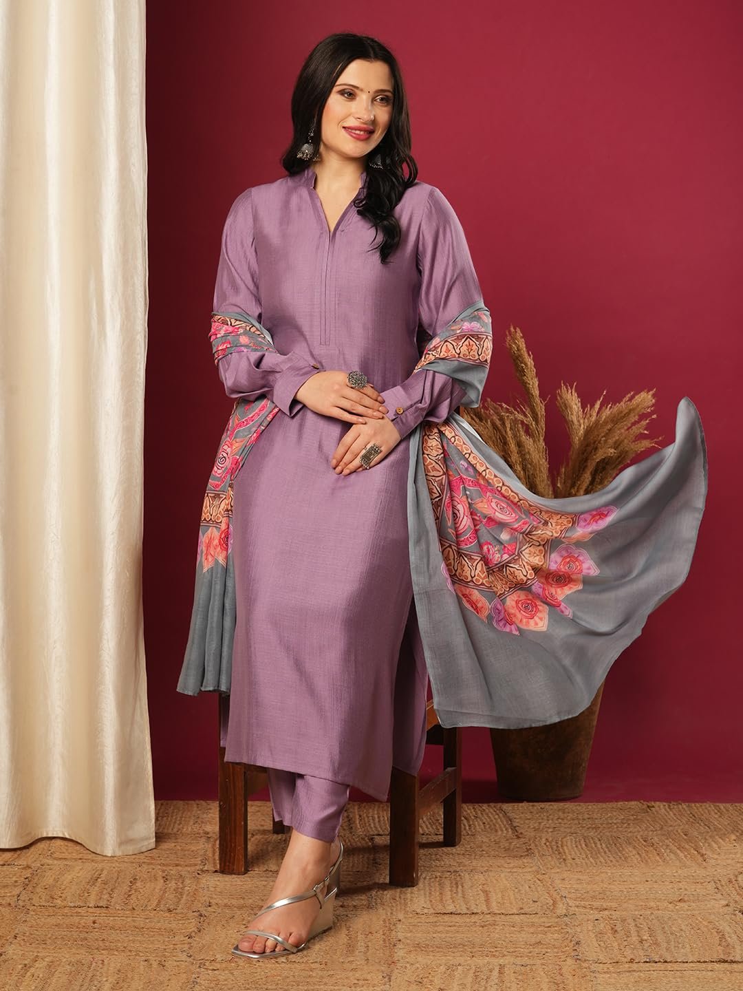 GoSriKi Women's Rayon Viscose Solid Straight Pakistani Kurta with Pant & Dupatta