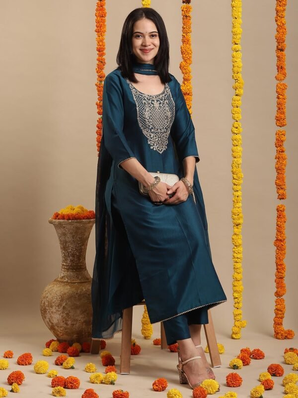 GoSriKi Women's Rayon Viscose Embroidered Straight Kurta with Pant & Dupatta
