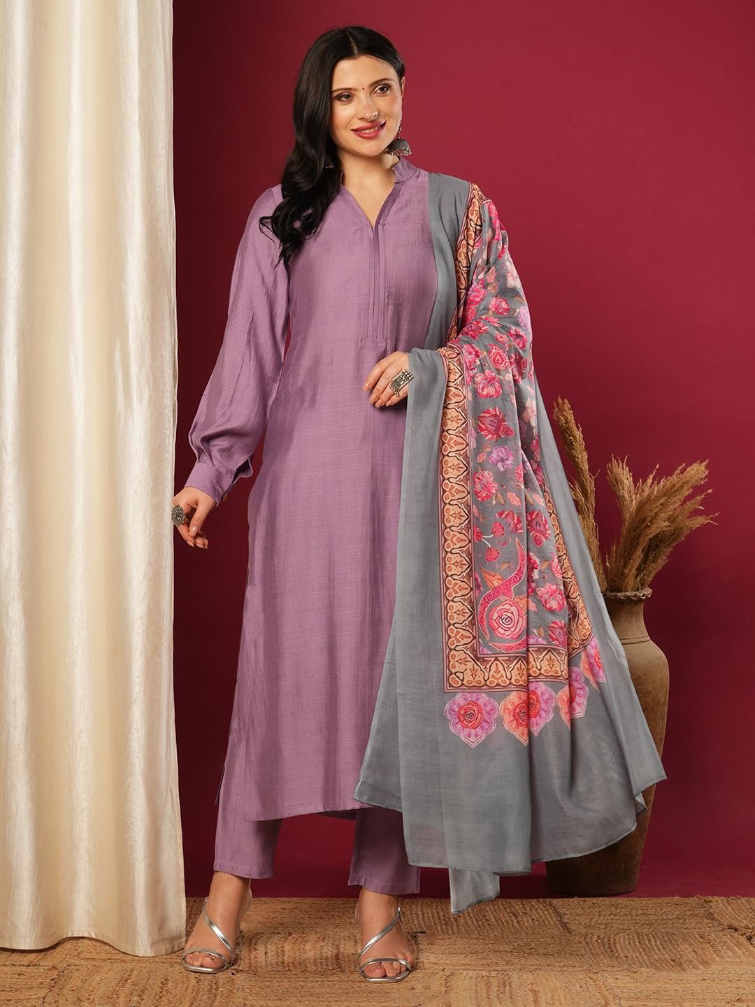 GoSriKi Women's Rayon Viscose Solid Straight Pakistani Kurta with Pant & Dupatta - Image 3
