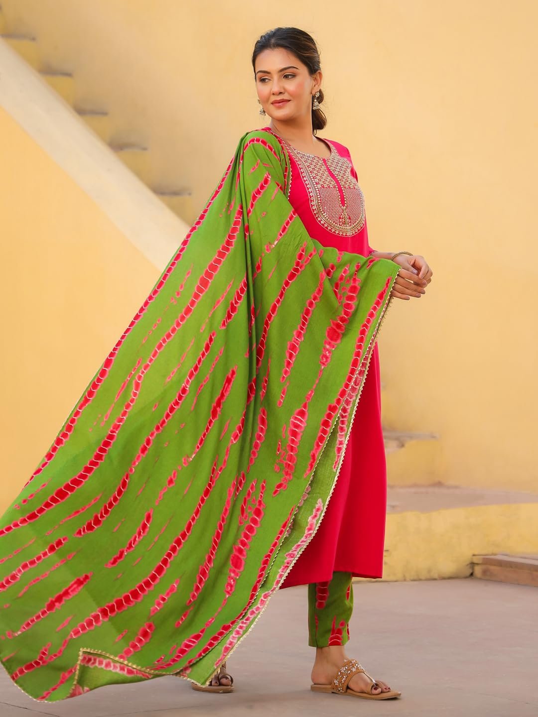 GoSriKi Women's Rayon Blend Embroidered Straight Kurta with Pant & Dupatta - Image 6