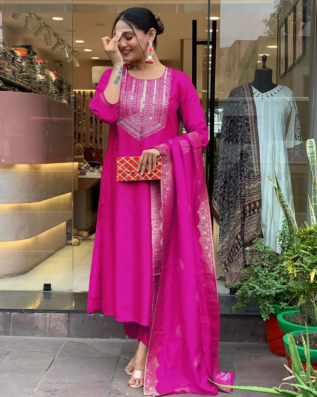 GoSriKi Women's Rayon Viscose Straight Embroidered Kurta with Pant & Dupatta - Image 3