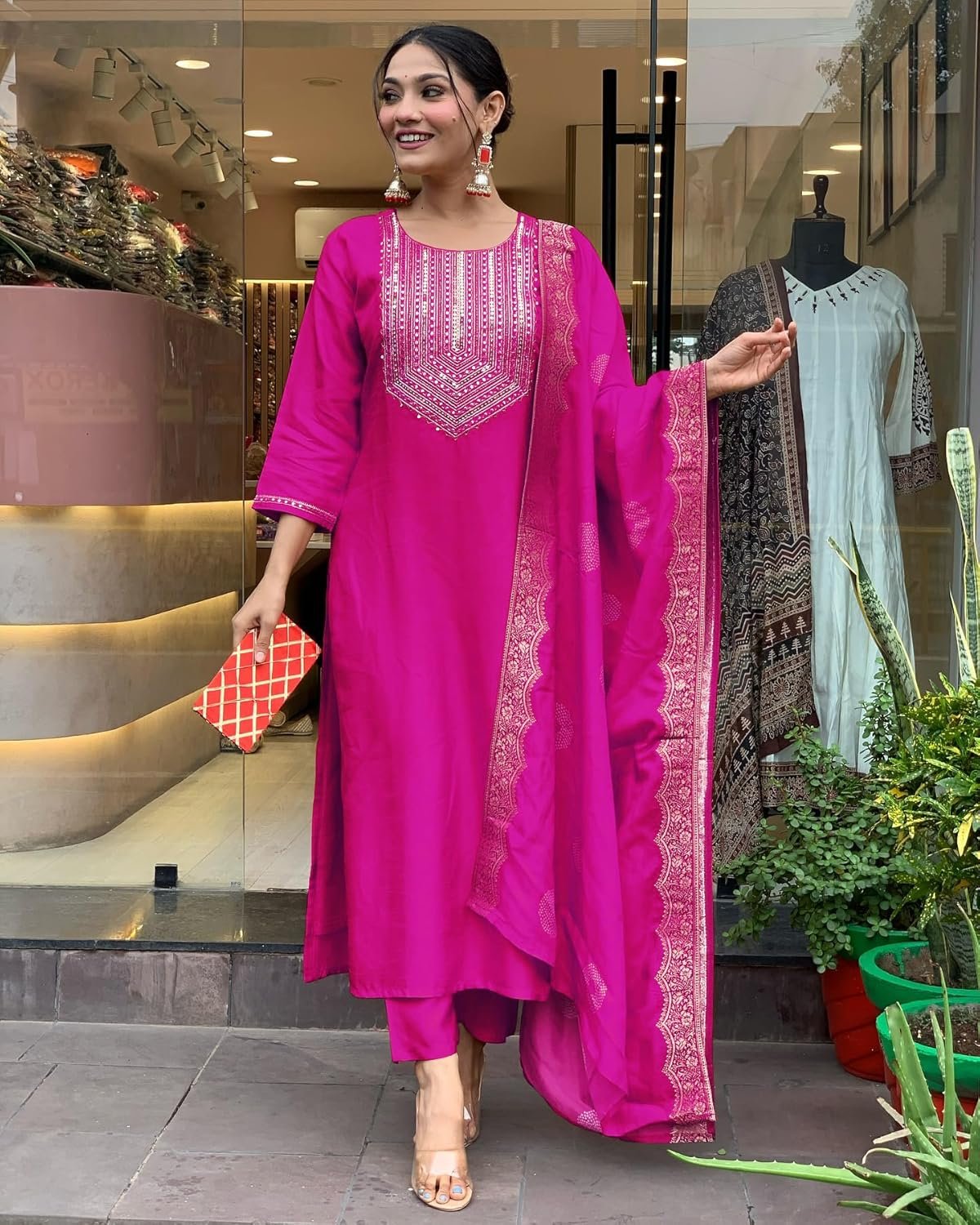 GoSriKi Women's Rayon Viscose Straight Embroidered Kurta with Pant & Dupatta - Image 4