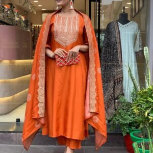 GoSriKi Women's Rayon Viscose Straight Embroidered Kurta with Pant & Dupatta
