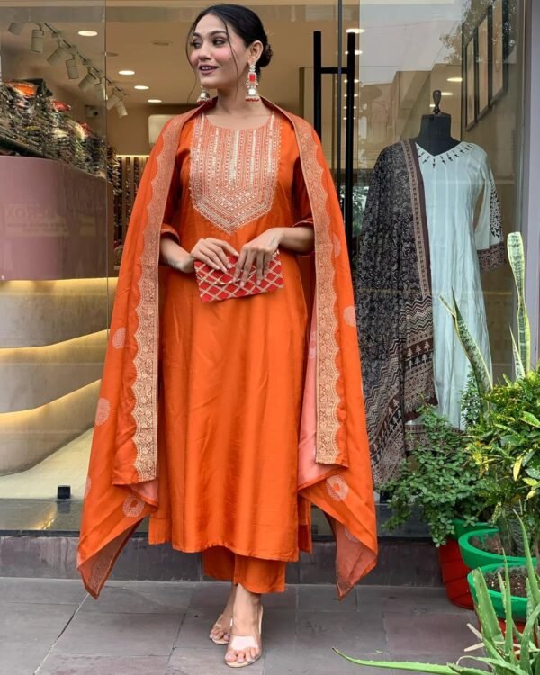GoSriKi Women's Rayon Viscose Straight Embroidered Kurta with Pant & Dupatta