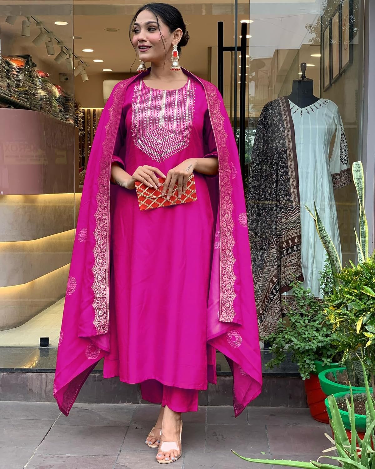 GoSriKi Women's Rayon Viscose Straight Embroidered Kurta with Pant & Dupatta