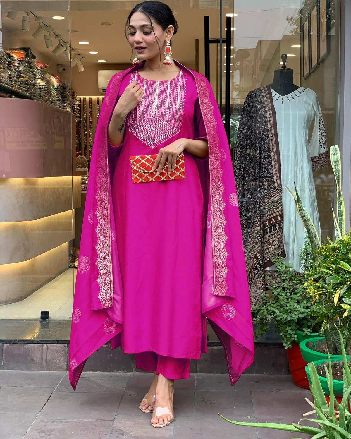 GoSriKi Women's Rayon Viscose Straight Embroidered Kurta with Pant & Dupatta - Image 6