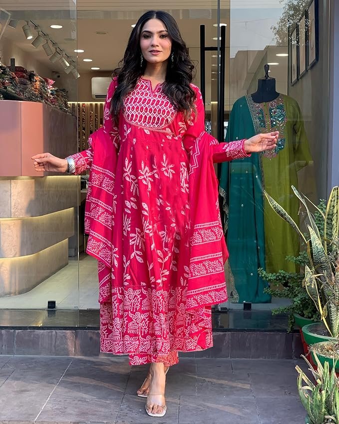 GoSriKi Women's Rayon Blend Printed Anarkali Kurta with Pant & Dupatta - Image 5