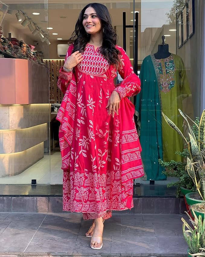 GoSriKi Women's Rayon Blend Printed Anarkali Kurta with Pant & Dupatta
