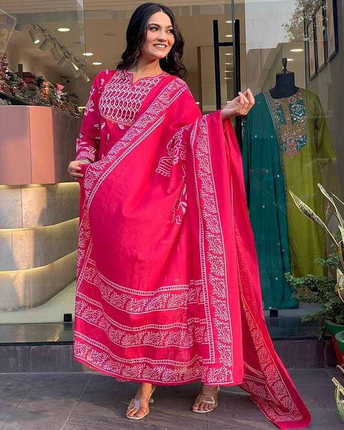 GoSriKi Women's Rayon Blend Printed Anarkali Kurta with Pant & Dupatta - Image 7