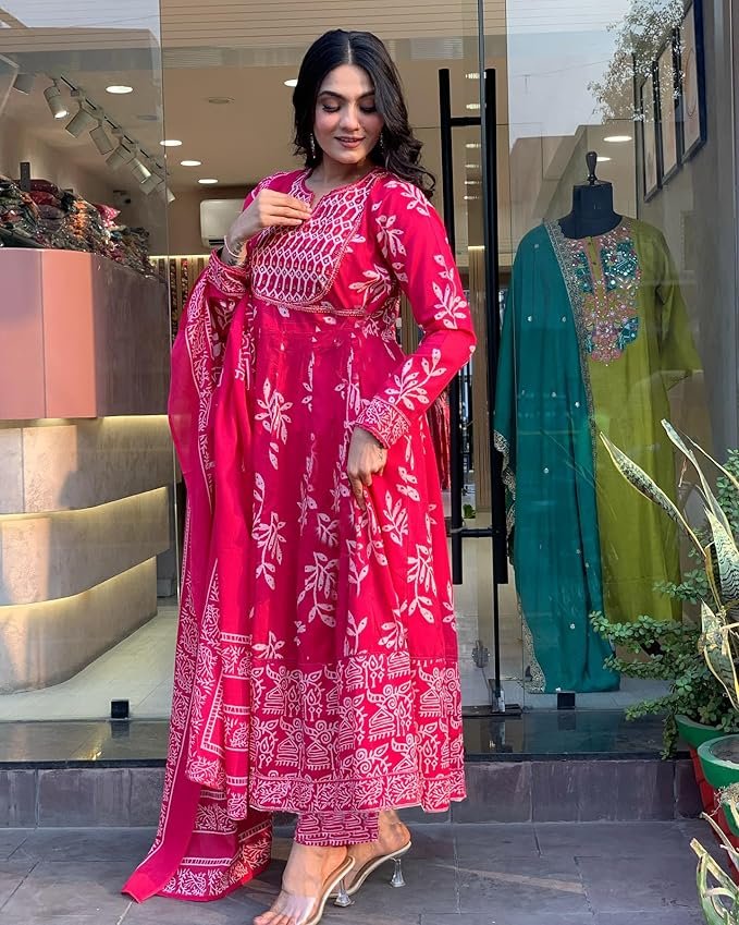GoSriKi Women's Rayon Blend Printed Anarkali Kurta with Pant & Dupatta - Image 3
