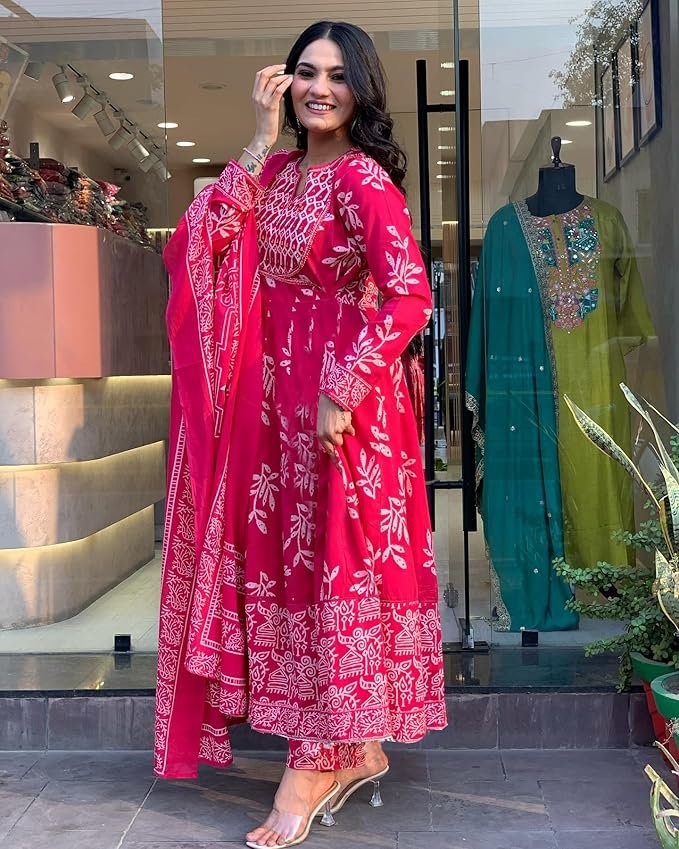 GoSriKi Women's Rayon Blend Printed Anarkali Kurta with Pant & Dupatta - Image 4