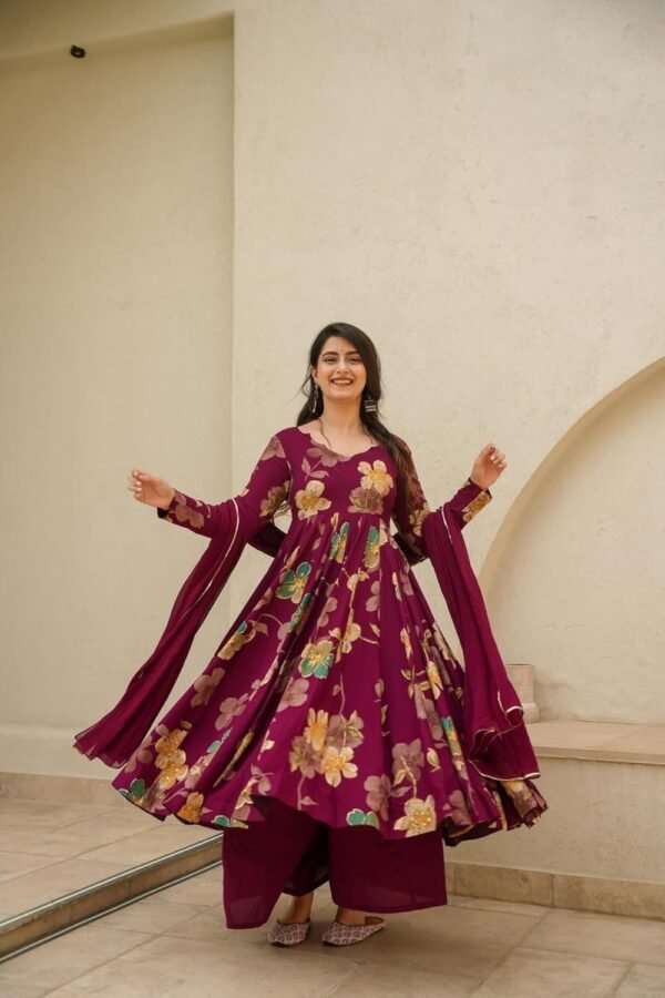GoSriKi Women's Cotton Blend Floral Printed Anarkali Kurti Palazzo Dupatta Set