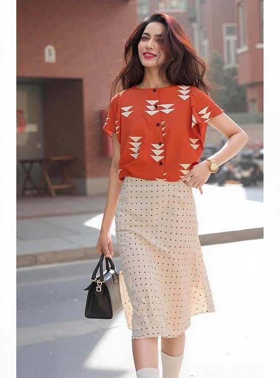 GoSriKi Women's Short Sleeve Shirt Boat Neck Rayon Blend Printed Regular Buttons Top