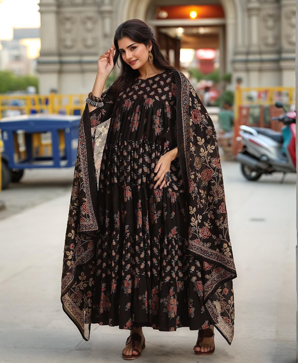 GoSriKi Women's Rayon Viscose Anarkali Printed Kurta with Pant & Dupatta