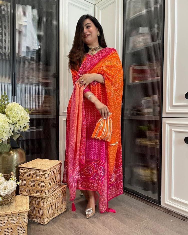 GoSriKi Women's Rayon Viscose Straight Bandhej Printed Kurta with Pant & Dupatta - Image 5