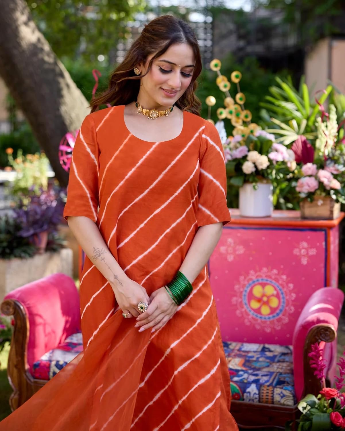 GoSriKi Women's Rayon Viscose Straight Laheriya Printed Kurta with Pant & Dupatta - Image 6