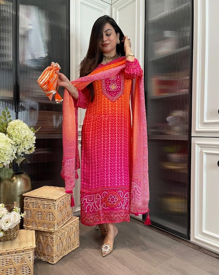 GoSriKi Women's Rayon Viscose Straight Bandhej Printed Kurta with Pant & Dupatta - Image 4