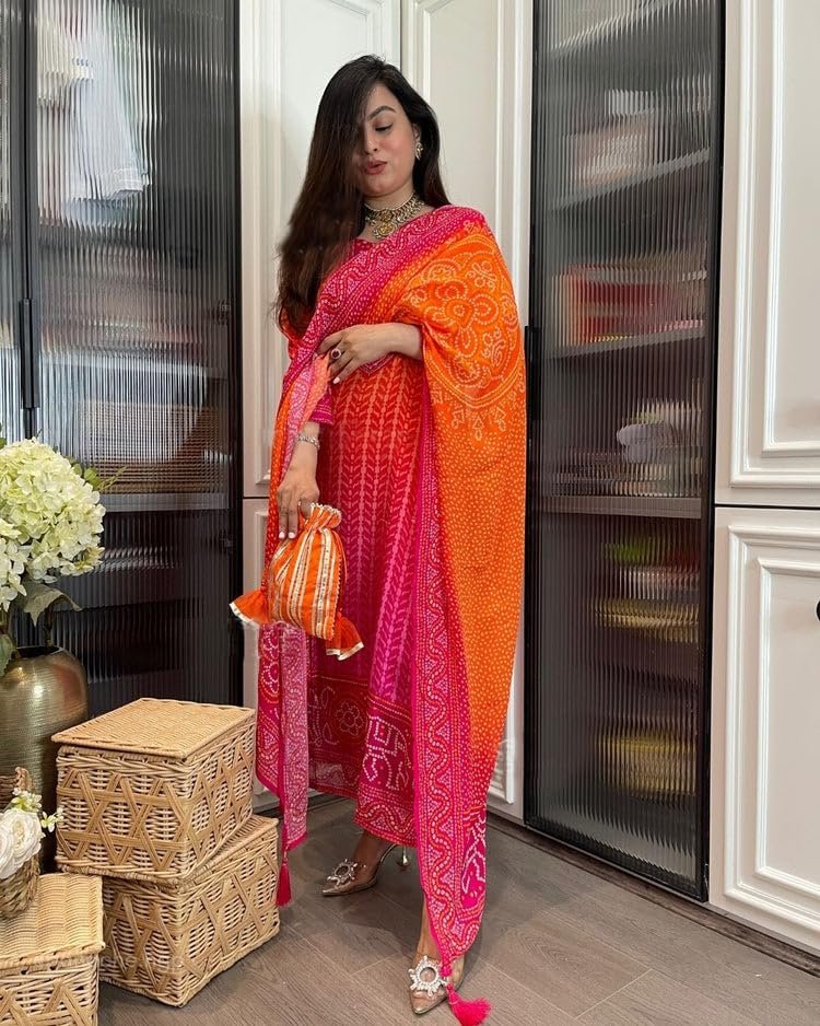 GoSriKi Women's Rayon Viscose Straight Bandhej Printed Kurta with Pant & Dupatta - Image 6