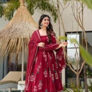 GoSriKi Women's Rayon Viscose Printed Anarkali Kurta Palazzo with Dupatta