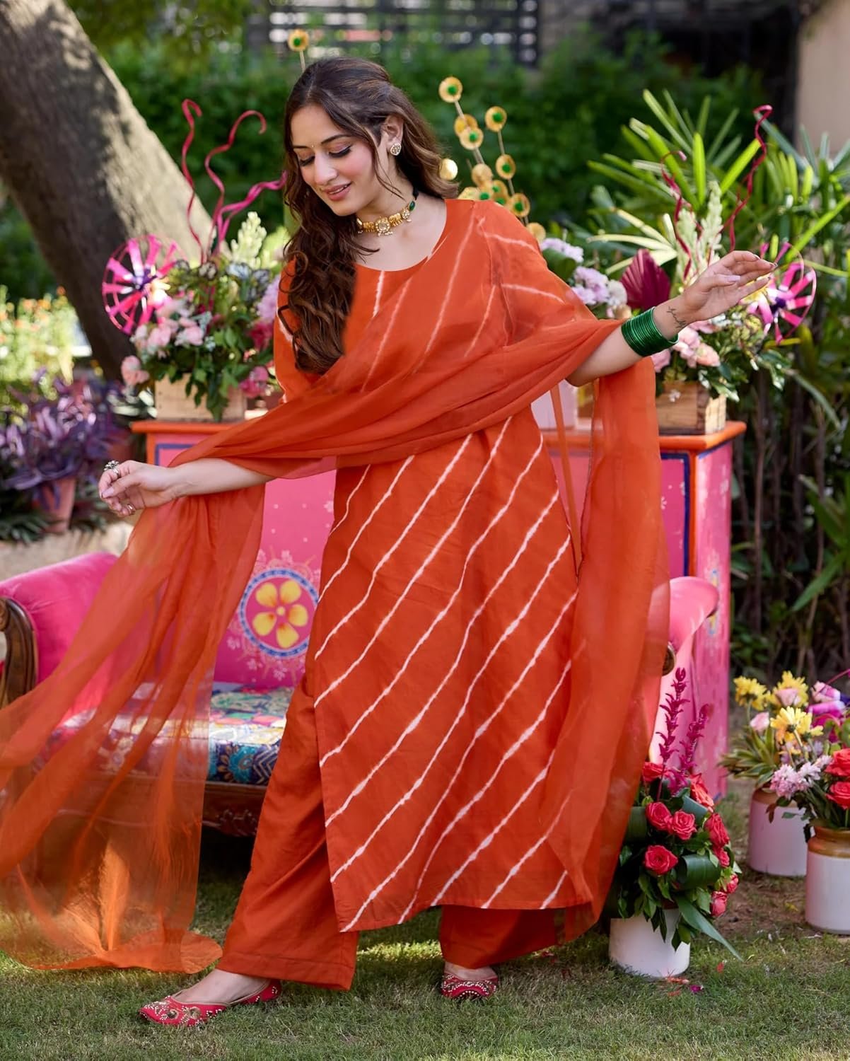 GoSriKi Women's Rayon Viscose Straight Laheriya Printed Kurta with Pant & Dupatta - Image 5
