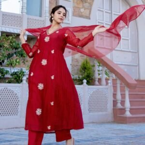 GoSriKi Women's Rayon Viscose Anarkali Embroidery Kurta with Pant and Dupatta - S