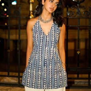 GoSriKi Women's Hand Block Printed Halter Neck Short Kurti