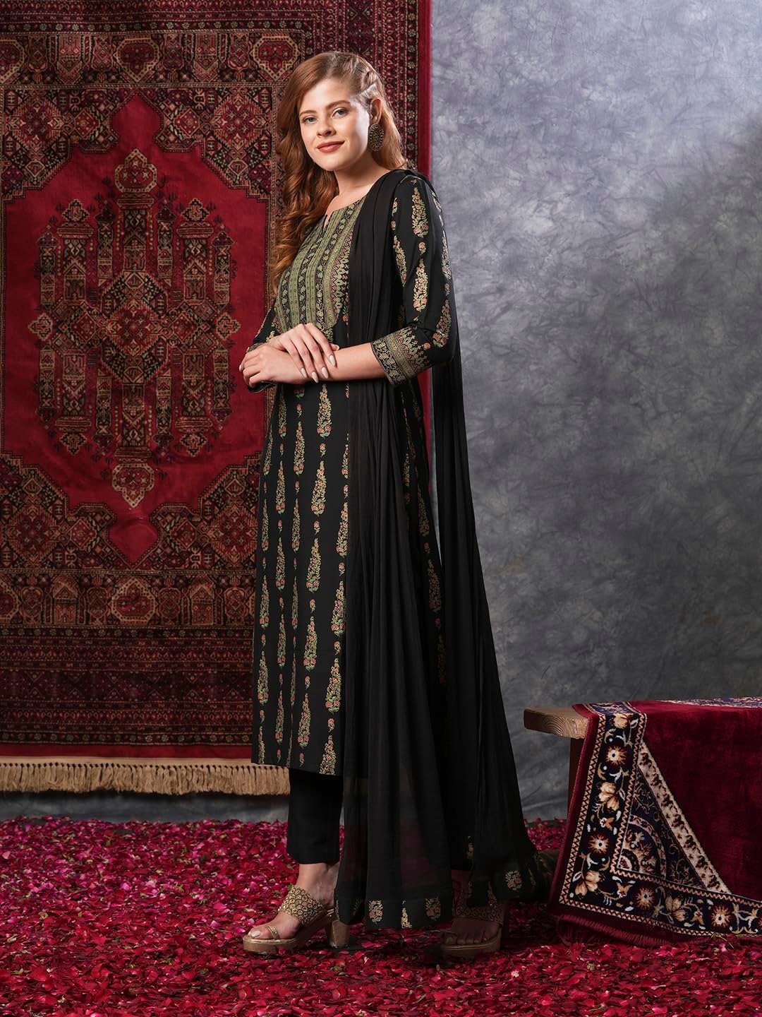 GoSriKi Women's Rayon Blend Straight Printed Kurta with Pant & Dupatta - Image 6