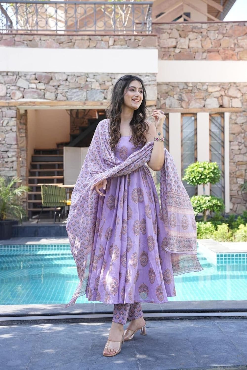 GoSriKi Women's Rayon Viscose Anarkali Kurta WIth Pant & Dupatta - Image 3