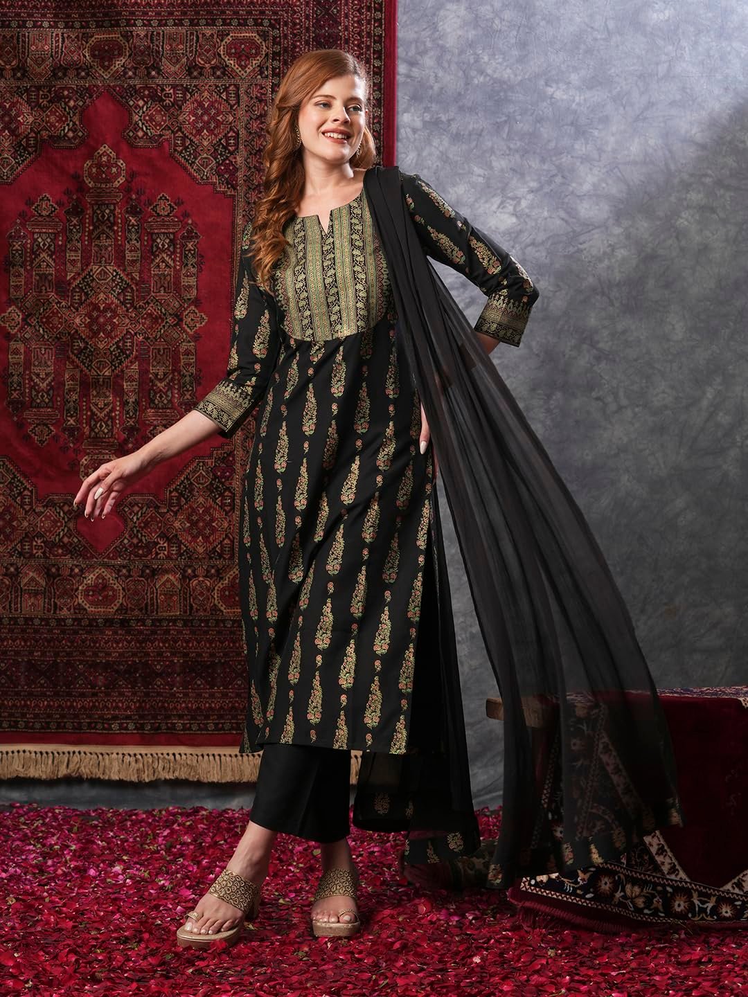 GoSriKi Women's Rayon Blend Straight Printed Kurta with Pant & Dupatta - Image 3