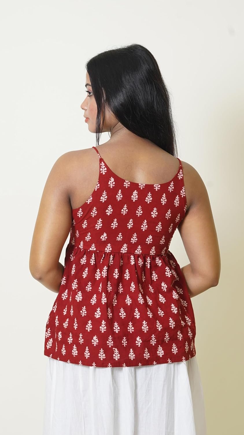 GoSriKi Women’s Red Sleeveless Rayon Top | Block Print Boho Summer Cami | Casual V-Neck Flared Tunic - Image 4