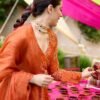GoSriKi Women's Rayon Viscose Bandhej Printed Anarkali Kurta with Pant & Dupatta - Image 7