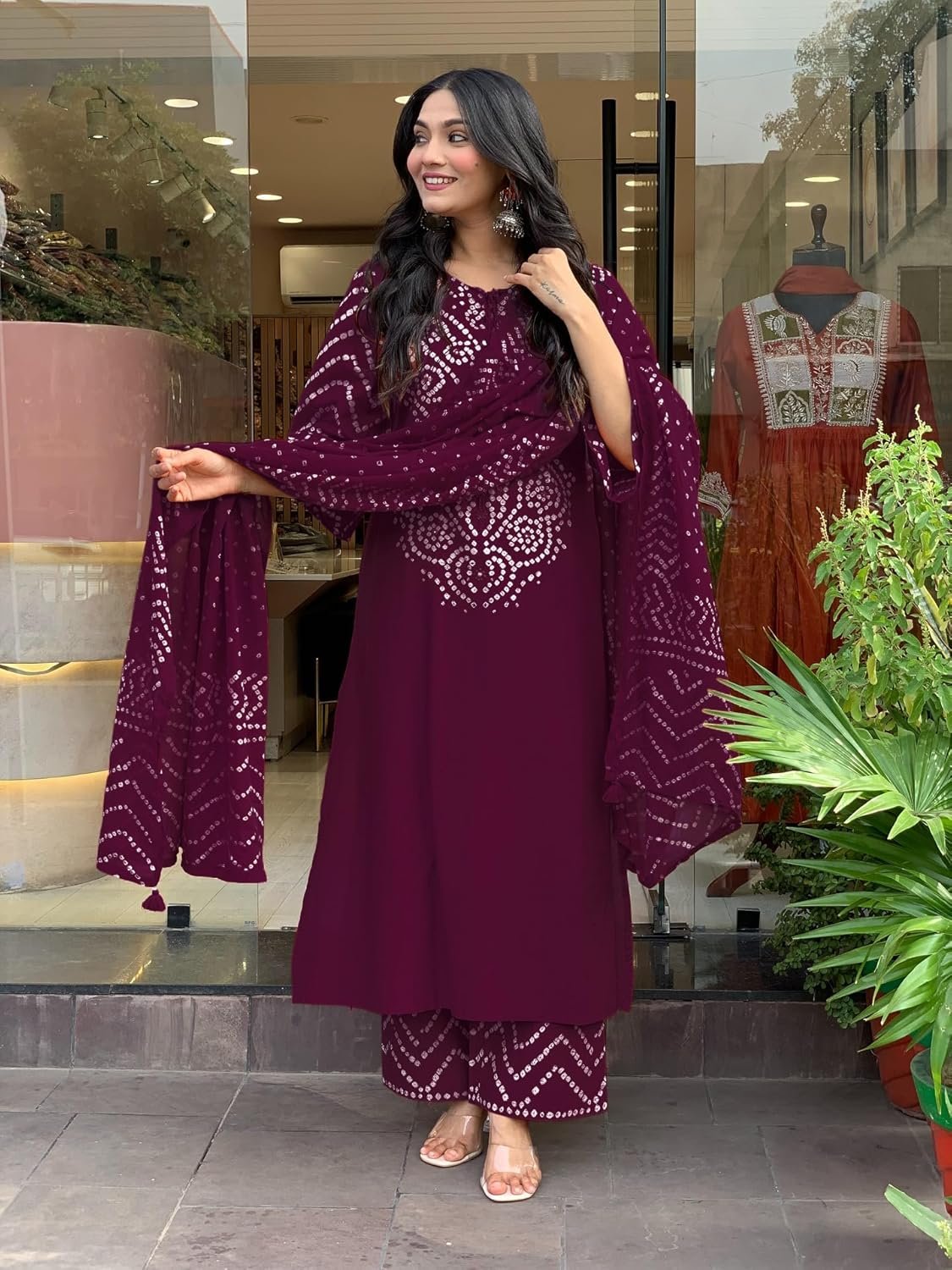 GoSriKi Women's Rayon Viscose Bandhej Printed Straight Kurta Pant with Dupatta - Image 5