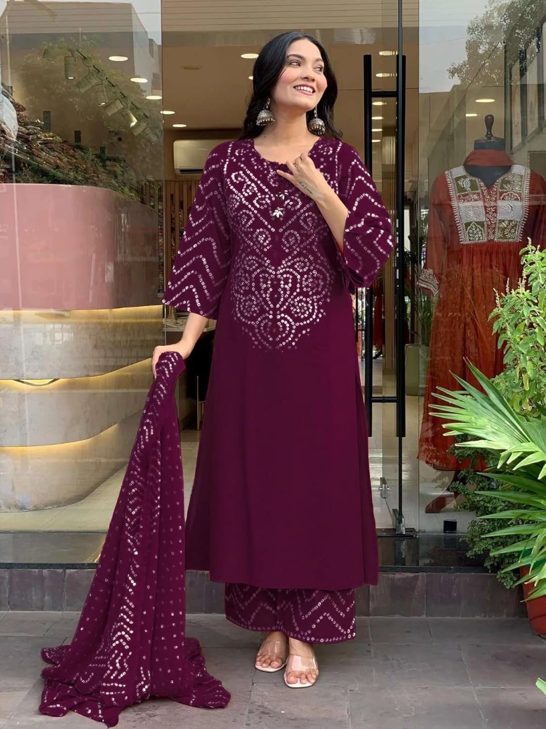 GoSriKi Women's Rayon Viscose Bandhej Printed Straight Kurta Pant with Dupatta - Image 3