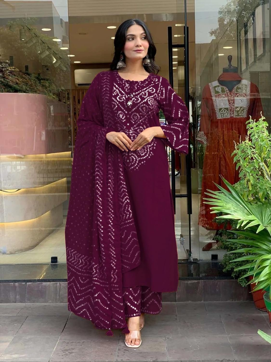 GoSriKi Women's Rayon Viscose Bandhej Printed Straight Kurta Pant with Dupatta - Image 4