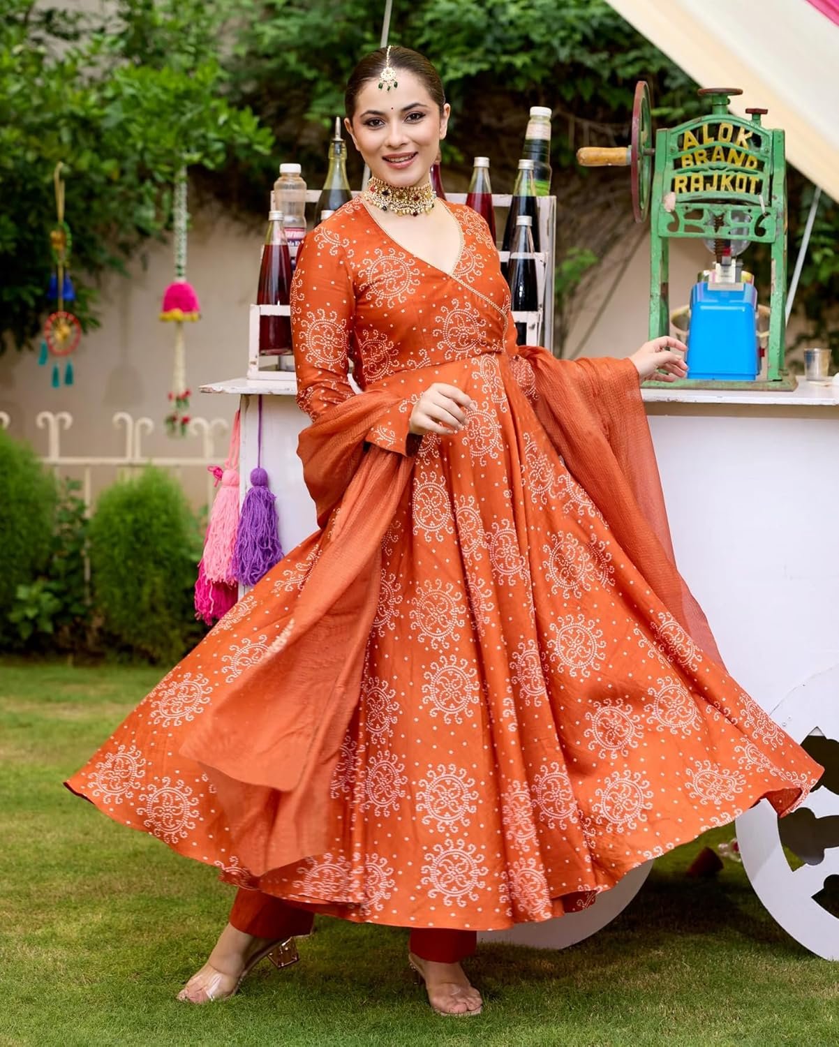 GoSriKi Women's Rayon Viscose Bandhej Printed Anarkali Kurta with Pant & Dupatta - Image 3